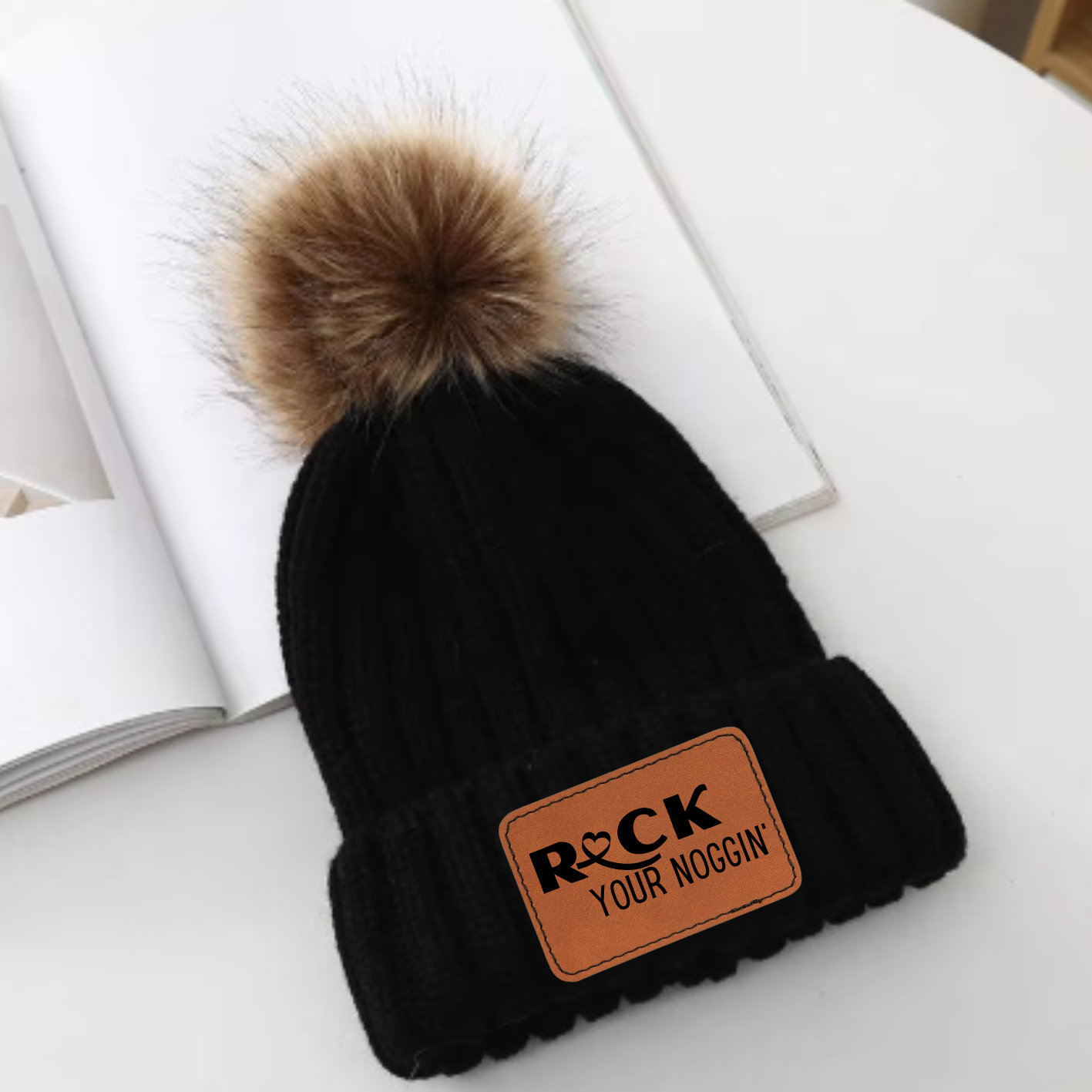 Black Pom Beanie (Brown/Tan removable Pom)