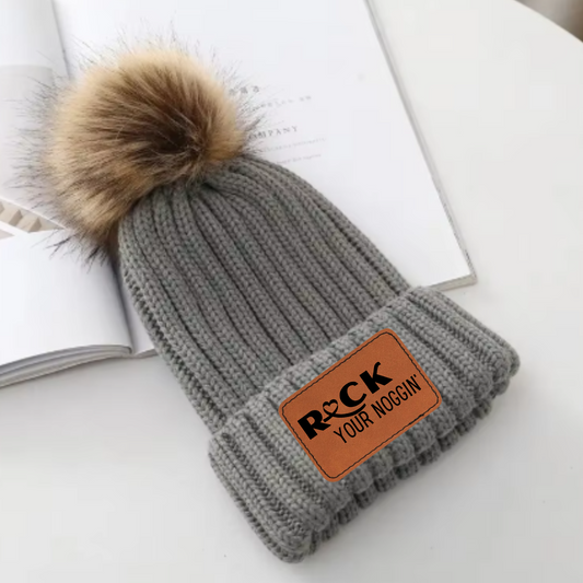 Grey Pom Beanie (Brown/Tan removable Pom)