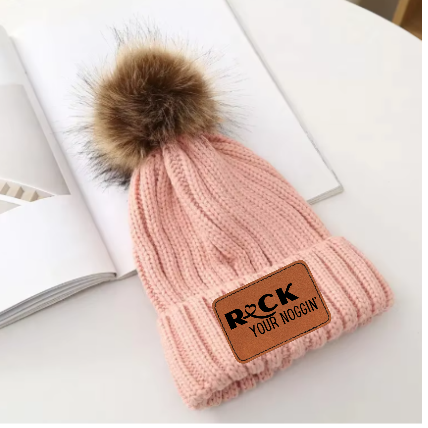 Pink Pom Beanie (Brown/Tan removable Pom)