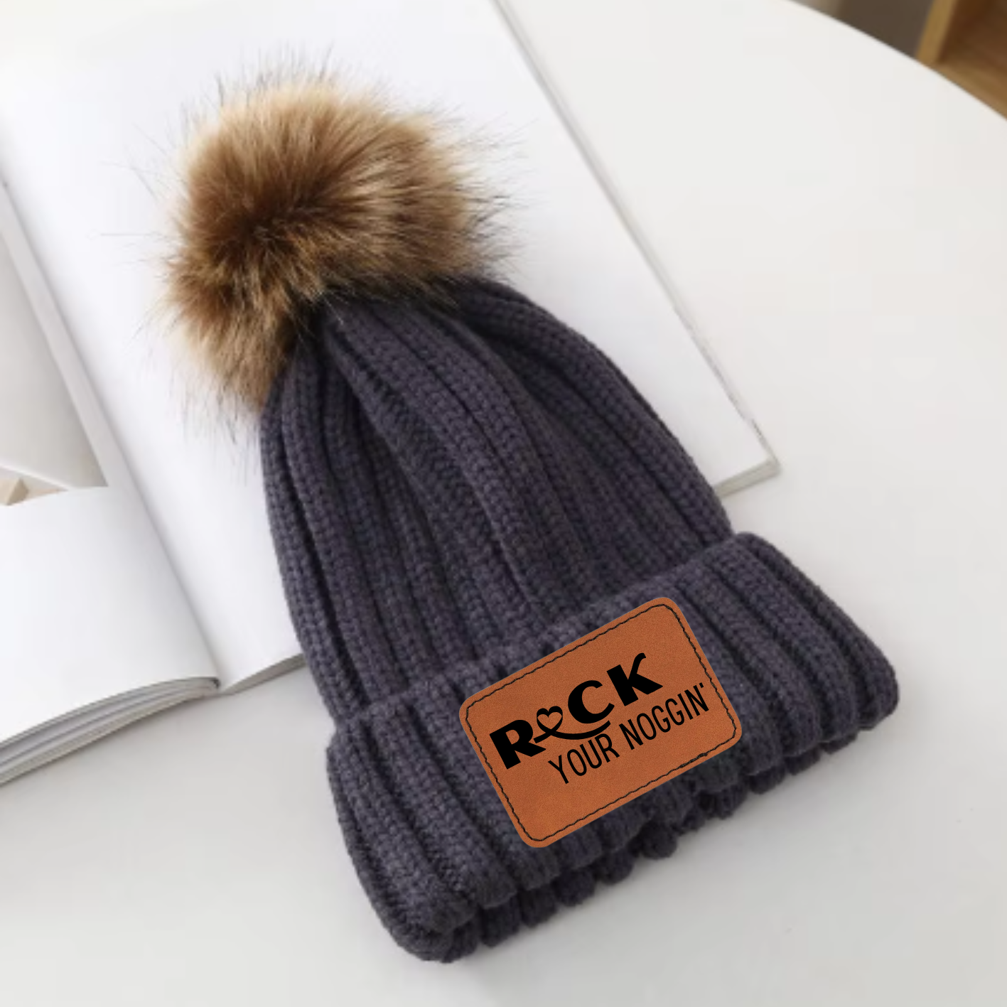 Dark Grey Pom Beanie (Brown/Tan removable Pom)